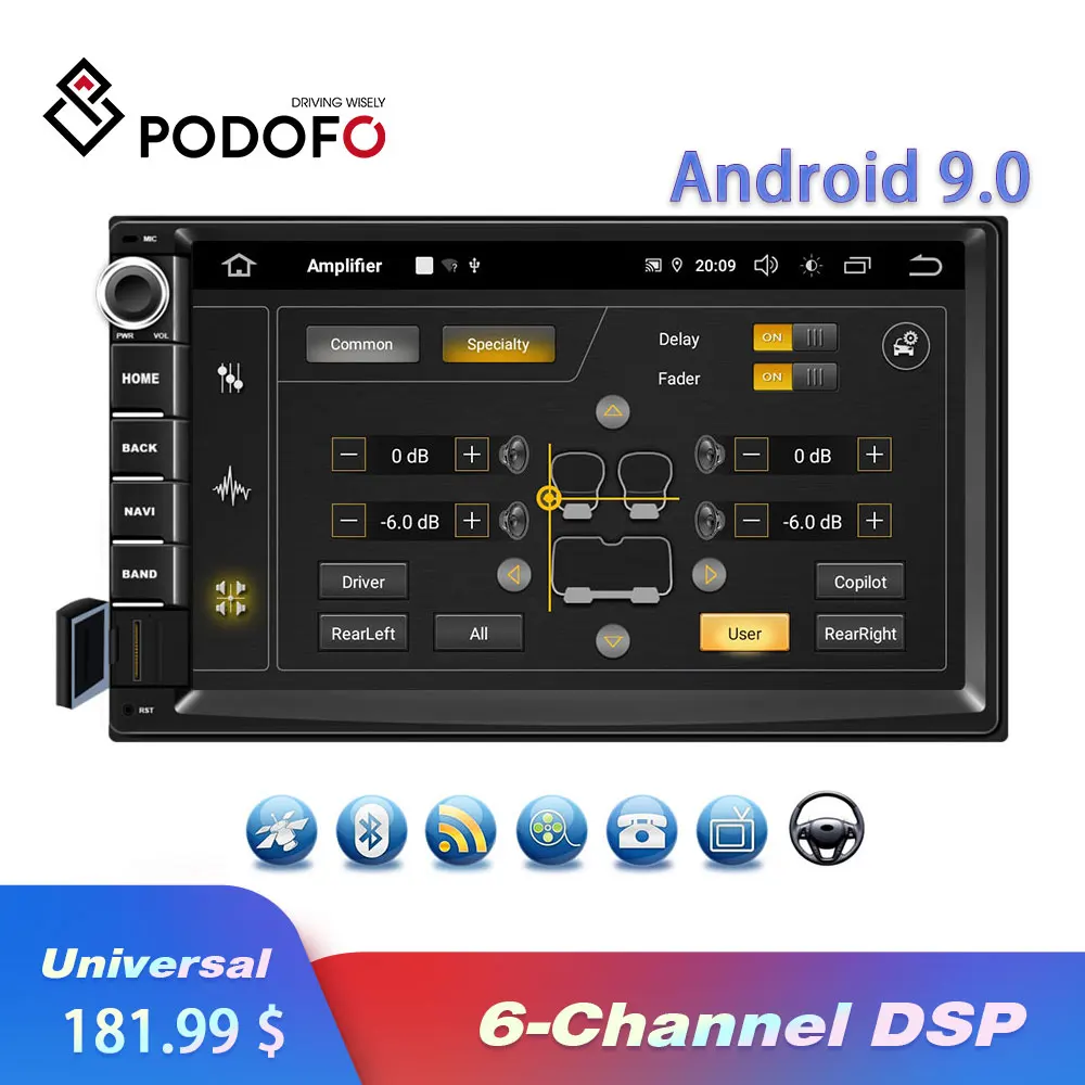 Podofo 2Din Android 9,0 Quad-core Автомагнитола 6-канальный DSP 2 Din Автомобильный мультимедийный плеер gps WI-FI MP5 Bluetooth USB AUX