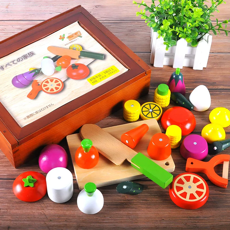 

New luxury wooden box fruits and vegetables cut music wooden magnetic children play house to see toys