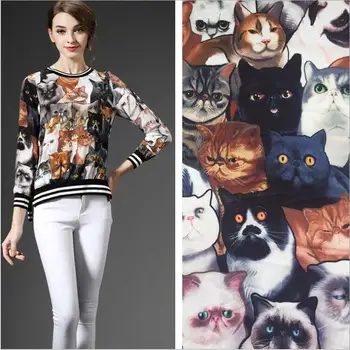 

The New Summer Dress Satin printed fabric simulation cute cat animal pattern free shipping