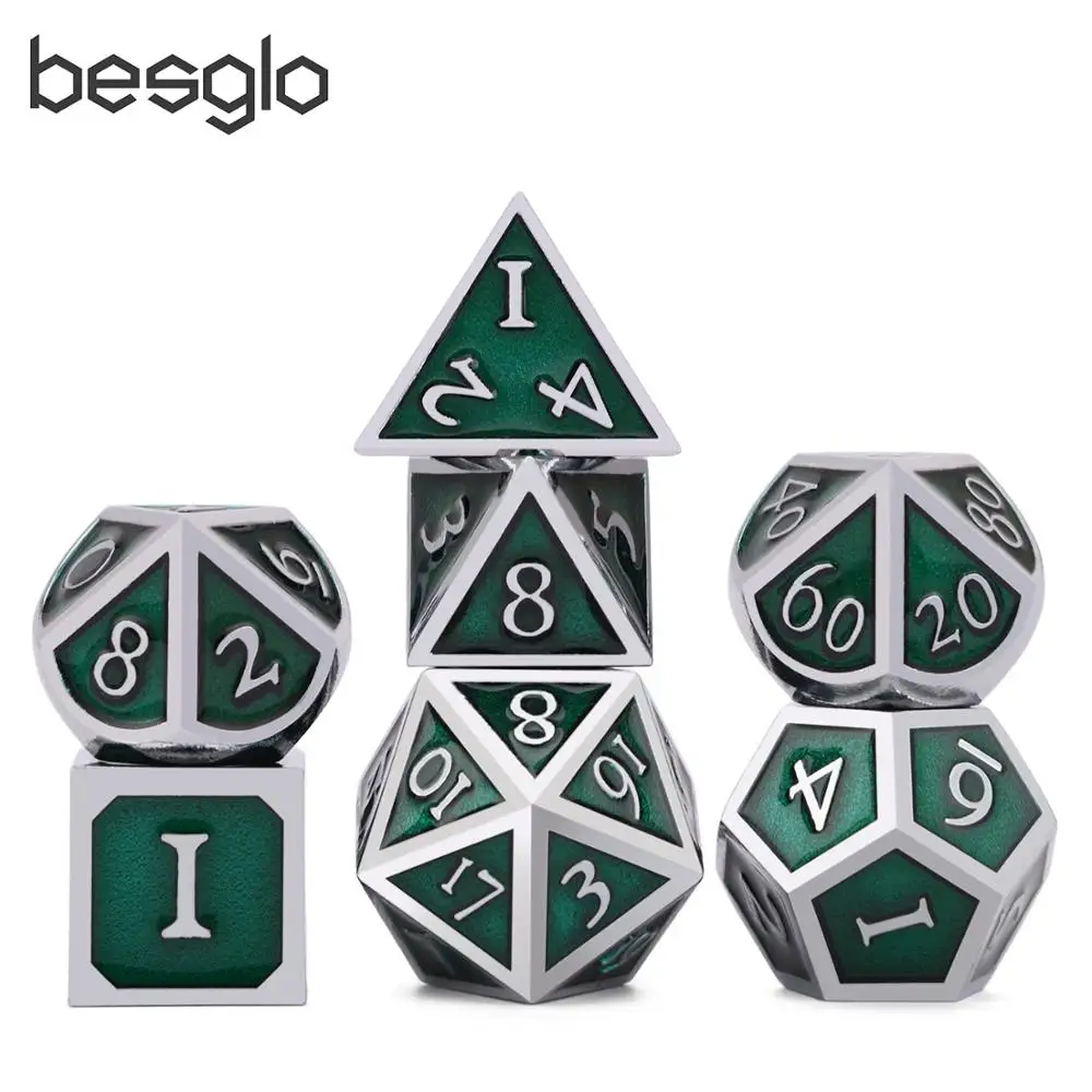 Набор многогранных Металлических Кубиков из цинкового сплава с эмалью из твердого металла для игра DND настольная RPG серебро и зеленый