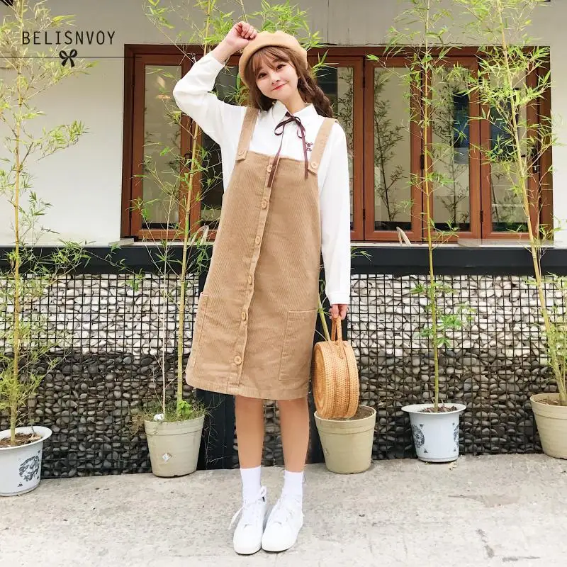 

Japanese Preppy Style Cute Dresses Women Strap Sleeveless Corduroy Tank Dress Kawaii Girl's Collage Elegant Korean Dress