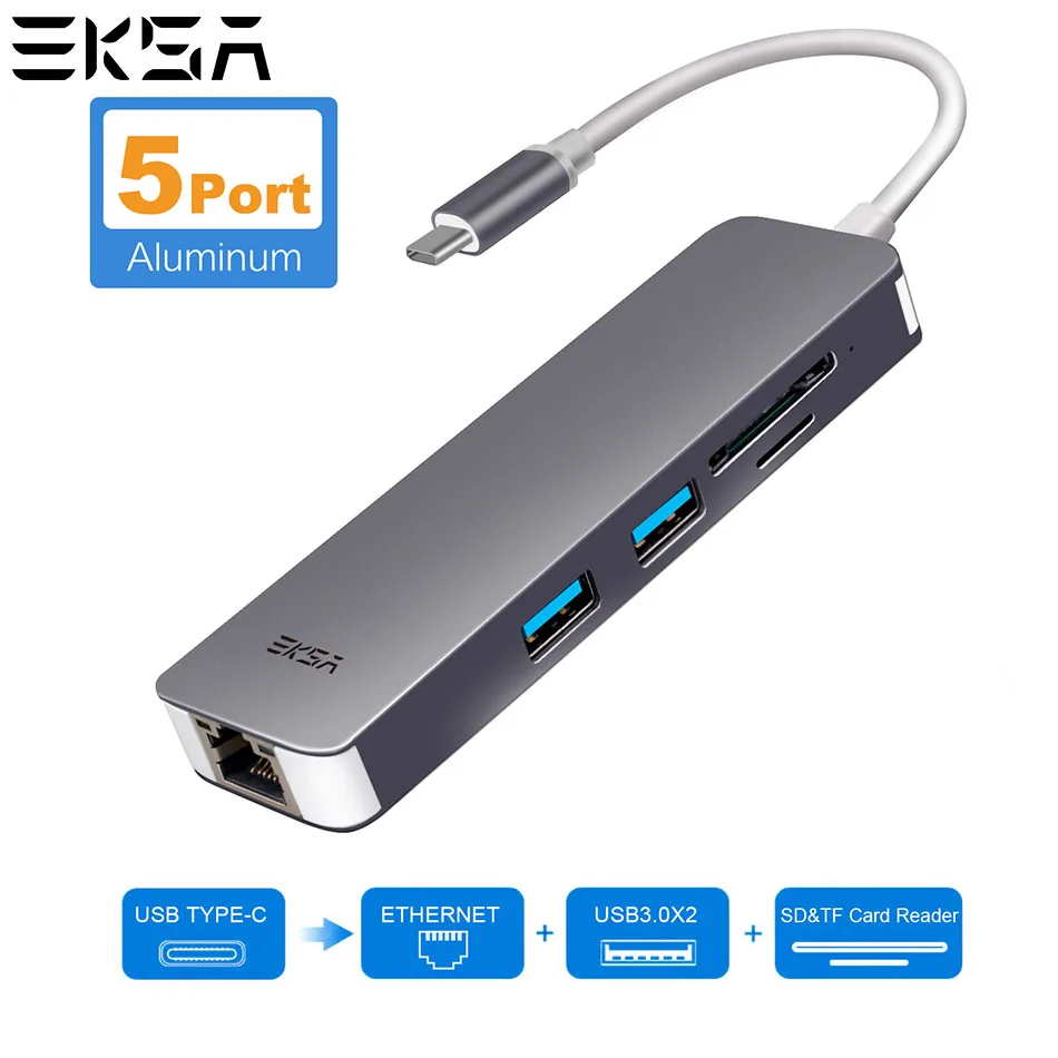 

EKSA USB C Hub Adapter Aluminum 5 in 1 Multiport Type C Hub With 1000M RJ45 Ethernet Port, 2 USB 3.0 Ports, SD & Micro SD Card