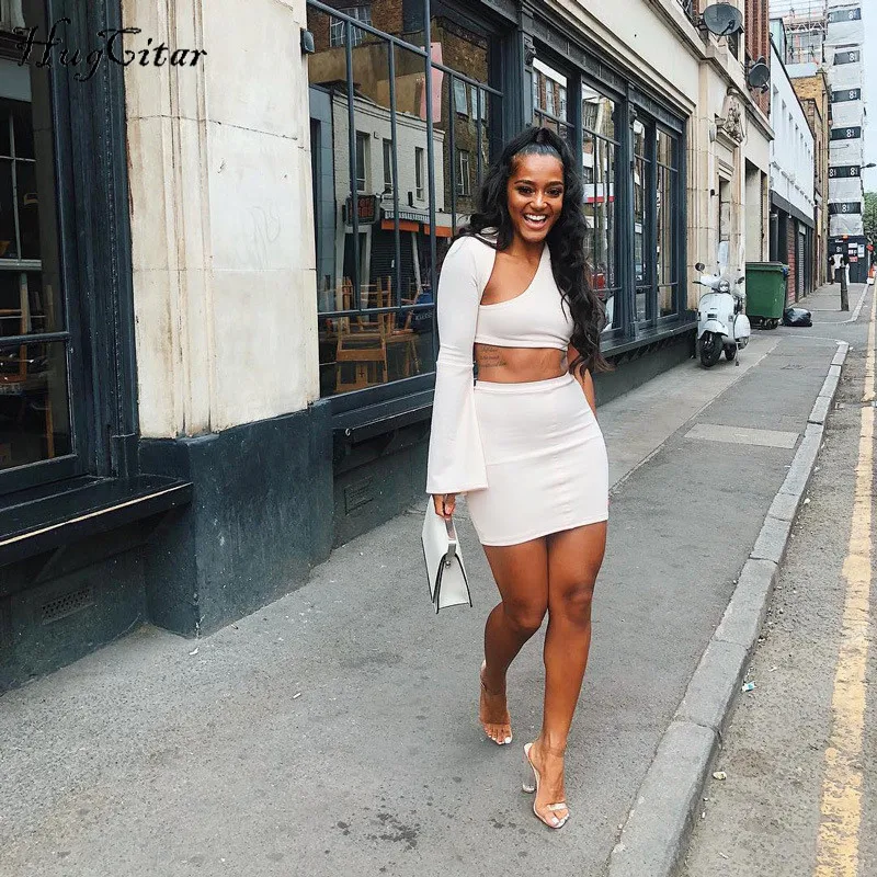  Hugcitar one-shoulder long flare sleeve crop tops skirts 2 pieces set 2018 autumn winter women fash