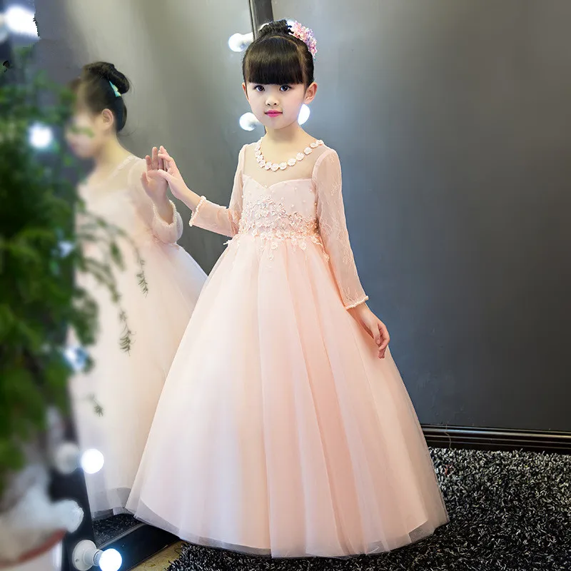Элегантное розовое свадебное платье для девочек, тюль-блеск детское праздничное платье до щиколотки с аппликацией для выпускного вечера платья с длинными рукавами для первого причастия