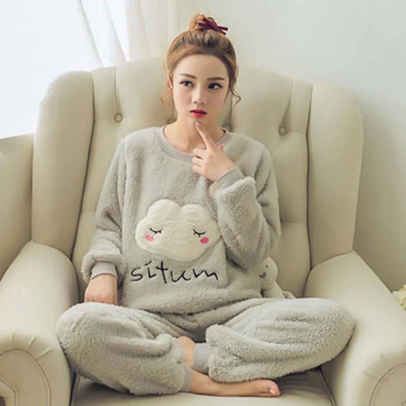 

Autumn Winter Women Pyjamas Sets pajamas Sleepwear Suit Thick Warm Coral Flannel nightgown Female Cartoon Animal Pijama Mujer