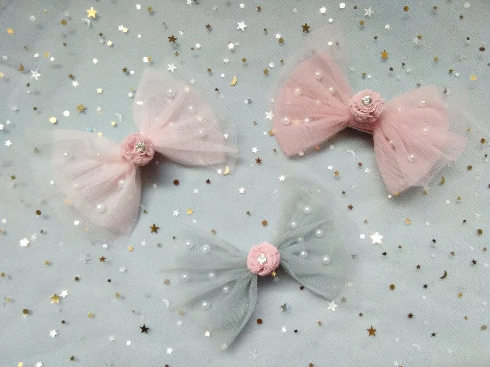 

Boutique 15pcs Fashion Cute Pom Pom Gauze Bow Hairpins Solid Pearl Lace Bowknot Hair Clips Princess Hair Accessories