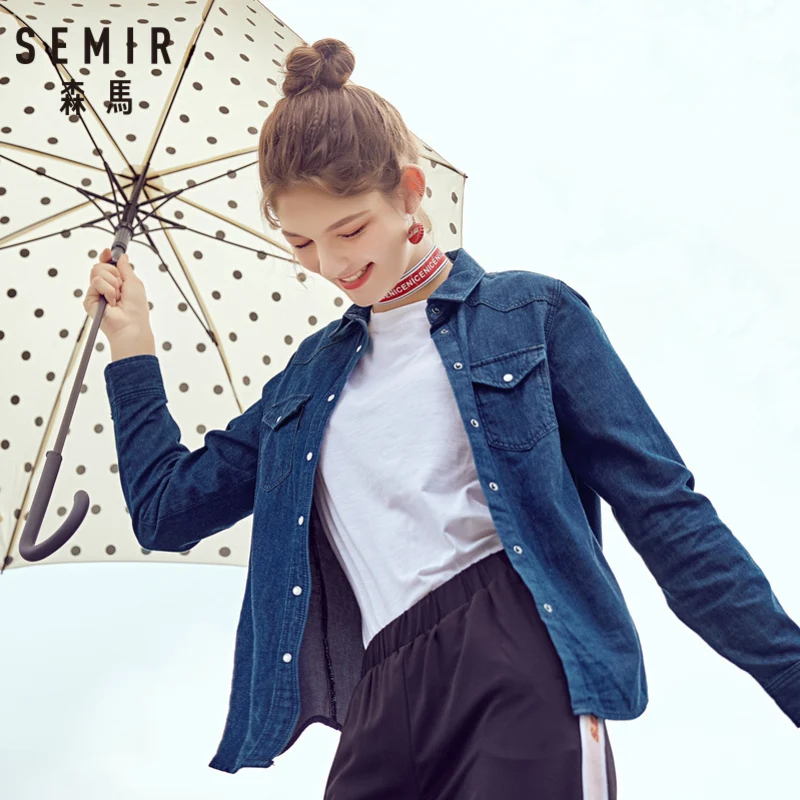 Koop SEMIR Vrouwen 100% Katoen Regular Fit Denim Shirt met Borst Pocket vrouwen Boyfriend Shirt Jas Top met Kraag Tapered taille