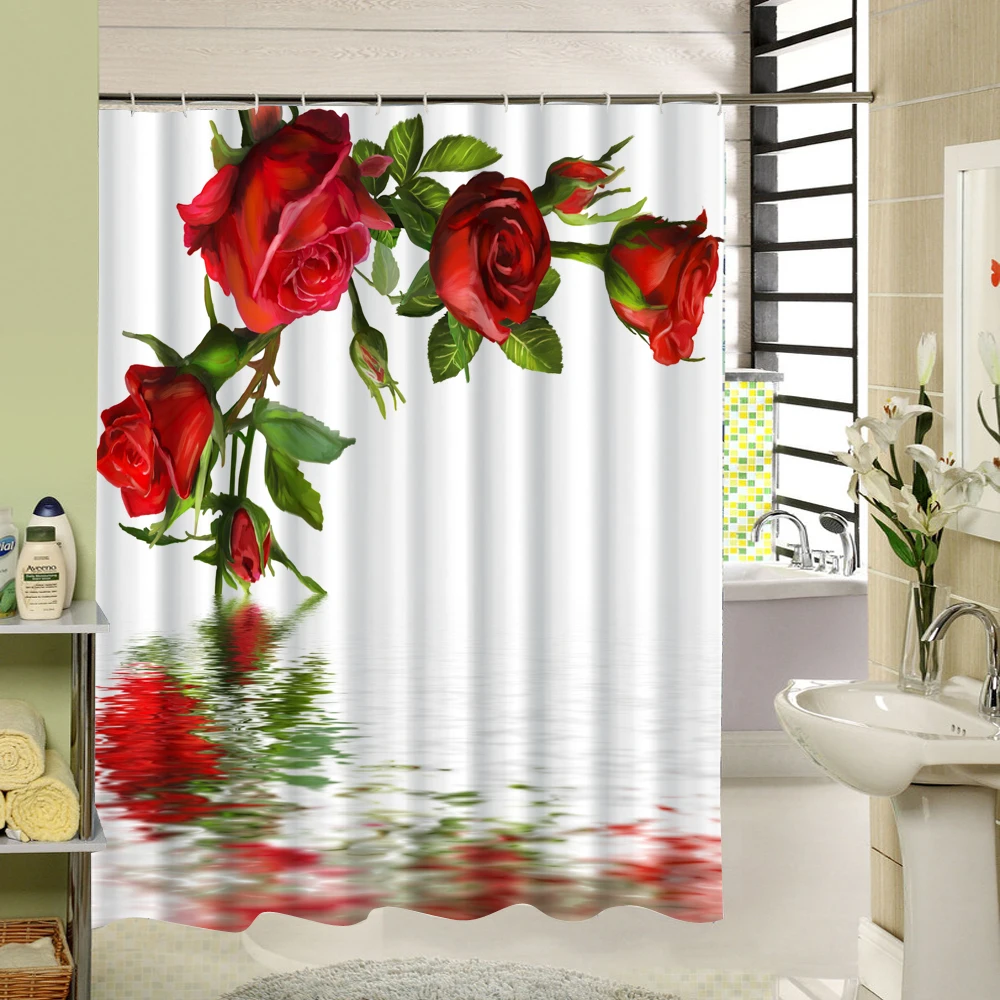 Vixm Waterproof Bathroom Shower Curtain Open Red Rose In The Water