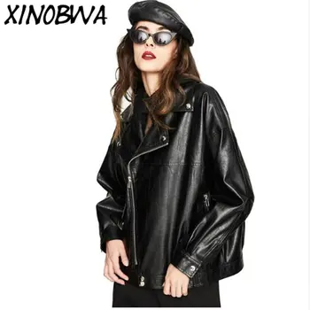 

2018 New Autumn High Fashion Street Women's Washed PU Leather Top Jacket Short Over Size Zipper Coats Veste Simili Cuir Femme