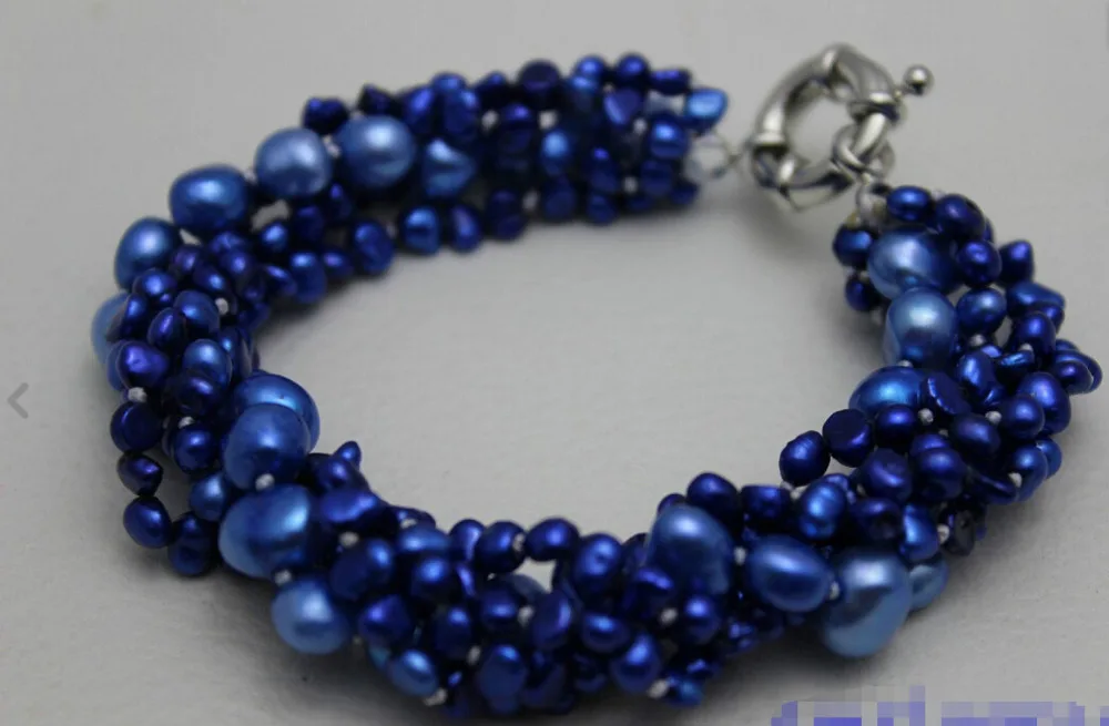 

Free shipping@@@@@ 5strands twist dark blue 4-8mm freshwater pearl bracelet 9"Alloy"Handmade",