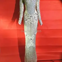 Роскошные Блестящие Серебряные стразы платье мигает Сексуальная сценическая одежда Длинные платья Полный кристаллы костюм для праздника Нарядные платья