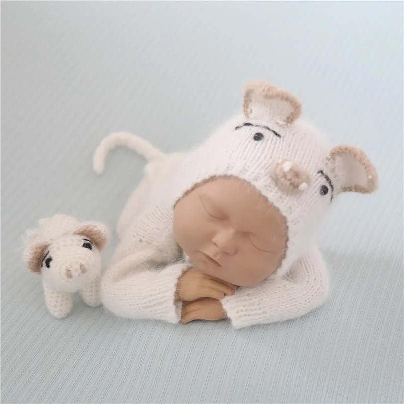 

Luxury Angora Newborn Hat and Romper Set Knitted Pig Hat Fluffy New born Footed Romper Animal Bonnet Baby Girl Photography Props