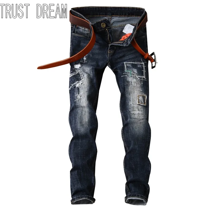TRUST DREAM Europeans Designed Men Ripped Patchwork Jeans Vintage Casual Slim Man Fashion Street Jeans