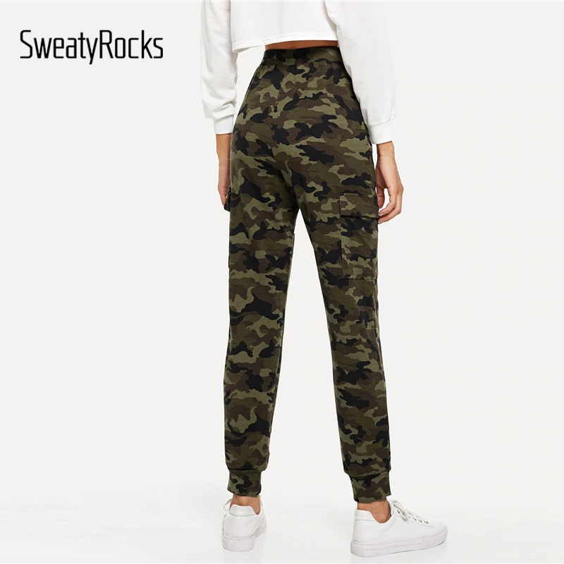SweatyRocks, штаны с высокой талией, с карманами, камуфляжный принт, практичная одежда, зауженные спортивные штаны,, весенние женские повседневные камуфляжные штаны