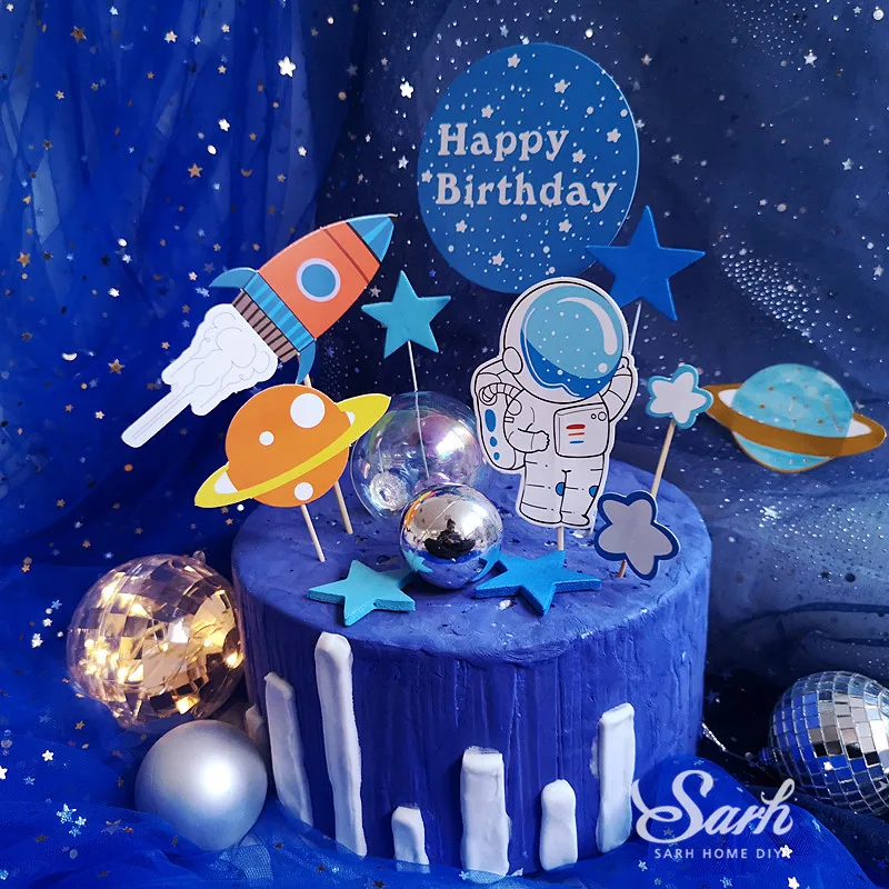 

Rocket Astronaut Moon Happy Birthday Letter Decoration Cake Topper Dessert for Children's Day Lovely Gifts