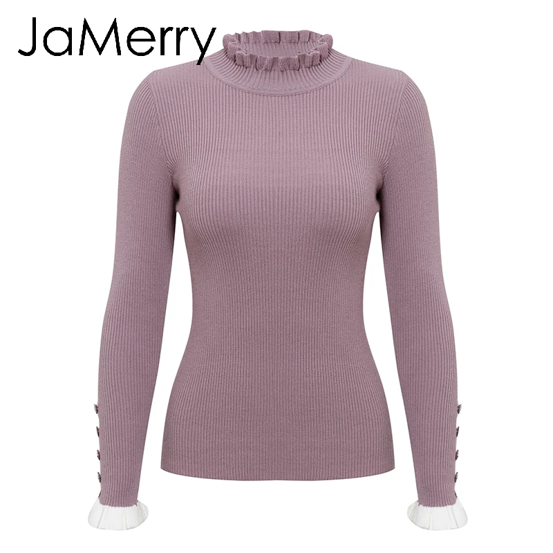 JaMerry вязаный женский свитер в полоску с расклешенным рукавом на пуговице, Женский пуловер, джемпер, облегающий женский свитер с высоким воротом - Цвет: Фиолетовый