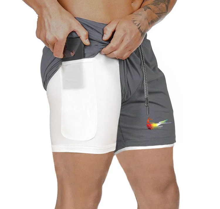 

Men 2 in 1 Running Shorts Security Pockets Leisure Shorts Quick Drying Sport Shorts Built-in Pockets Hips Zipper Pockets