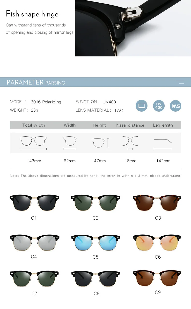 Новинка, поляризованные солнцезащитные очки для мужчин и женщин, модные круглые полуоправы, полуоправа, солнцезащитные очки для вождения, классические, UV400