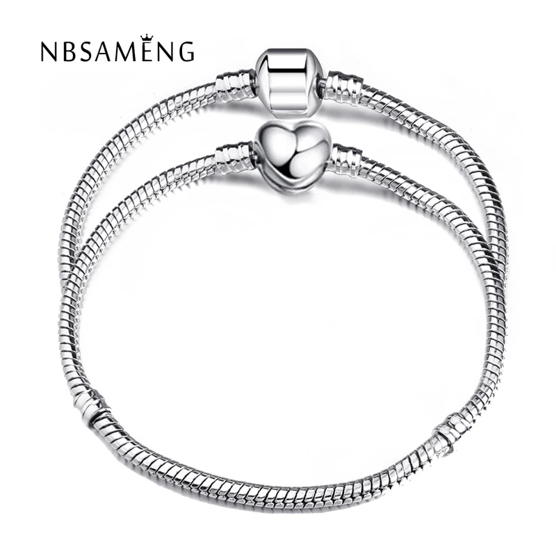 

NEW Wholesale Jewelry Love Heart Clasp Snake Chain Silver Plated Bracelet Bangle DIY Fit Pan Charms Beads For Women Jewelry