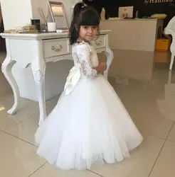 Чистый белый тюль платье принцессы с большой бант Прекрасное платье с цветочным узором для девочек для свадьбы, с короткими рукавами