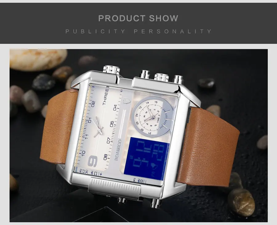 Jolie Montre en Cuir Numerique Analogique Avec 3 Fuseaux Horaires Jolie Montre en Cuir Numerique Analogique Avec 3 Fuseaux Horaires