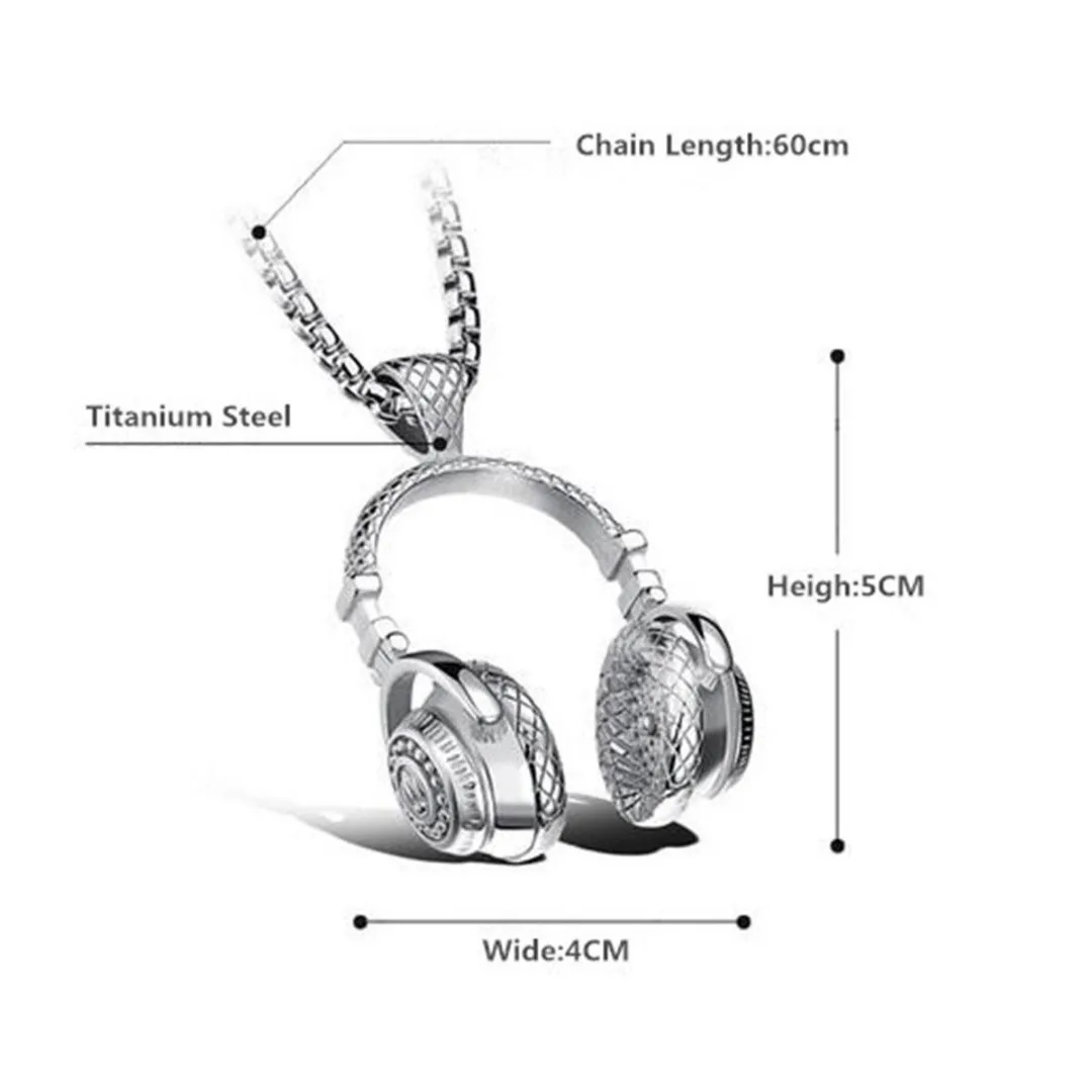 New Men Headphone Headset Pendant Chain Necklace Hip Hop Titanium Steel Necklace Jewelry  Unisex Charms Rapper Long Choker