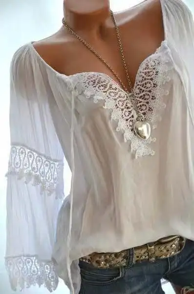  Large size ladies Blouse 2019 new openwork lace long-sleeved shirt solid color large V-neck casual 