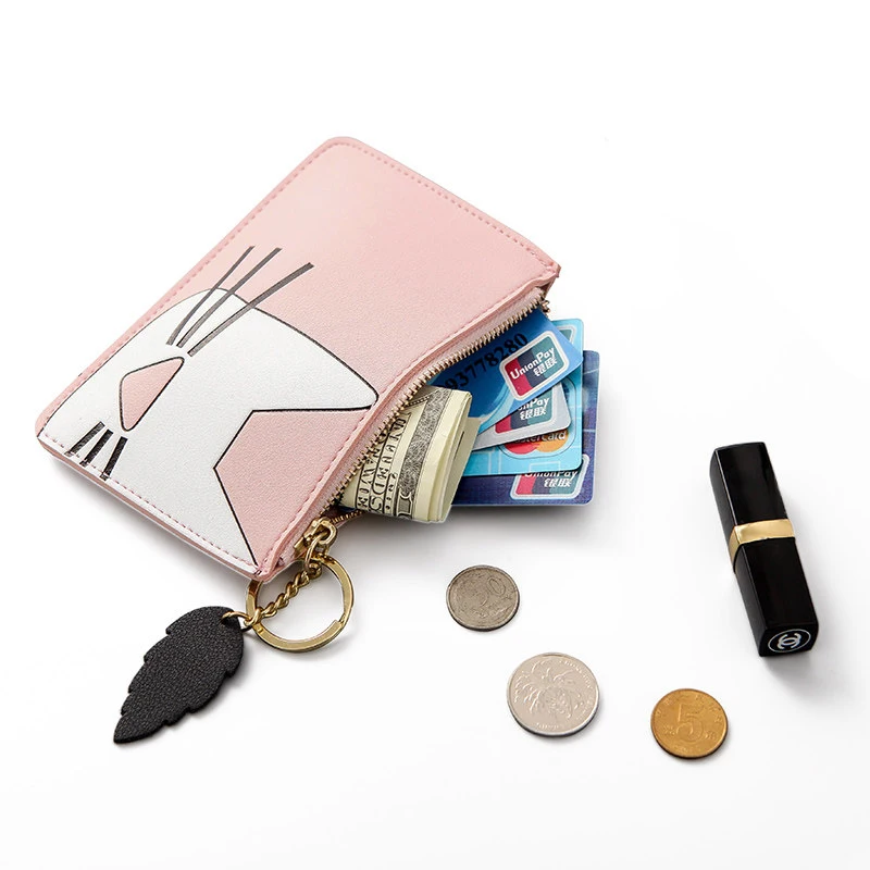 Cute Cat Women's Coin Purse Fashion Mini Small Leather Female Keys Card Cash Bag Wallet Tassel Leave Keychain For Girl