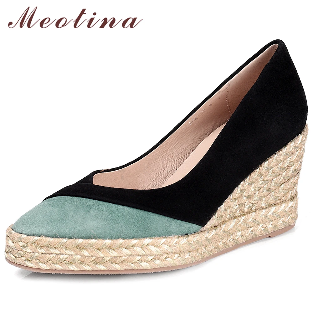 

Meotina Women Shoes High Heels Genuine Leather Platform Wedge Heels Shoes Kid Suede Mixed Colors Pointed Toe Pumps Ladies 34-39