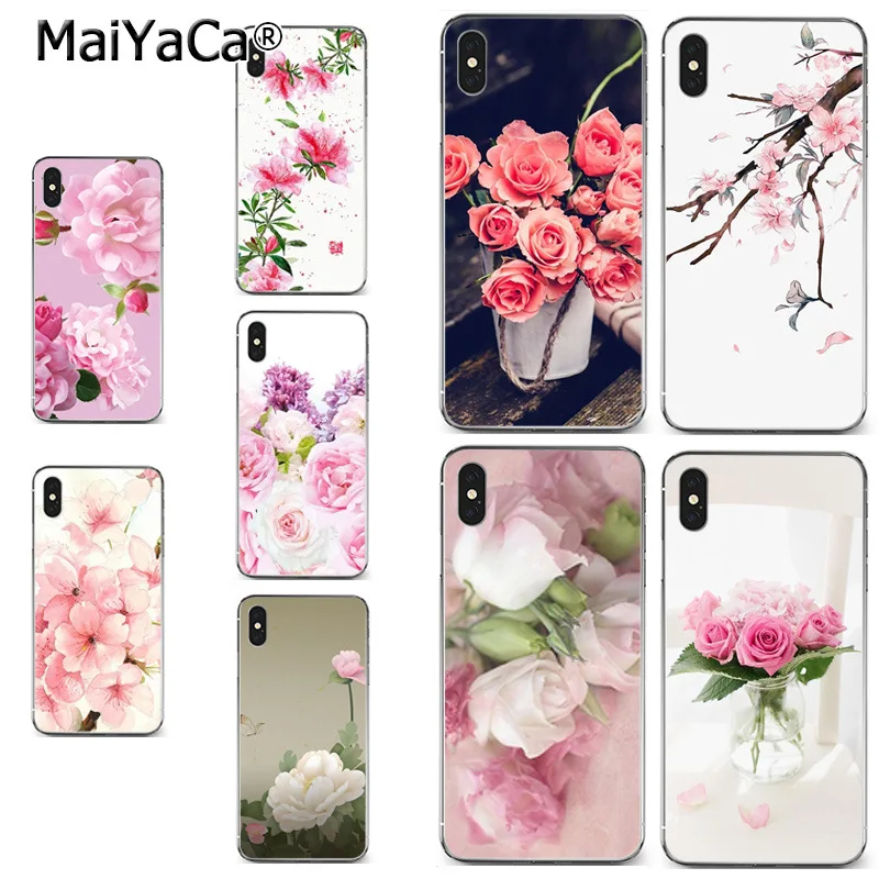 

MaiYaCa Flowers Pink Rose Peony 2018 Colored Drawing soft tpu phone Case for iPhone X XS MAX 5 6SPLUS 7 8plus case Coque funda