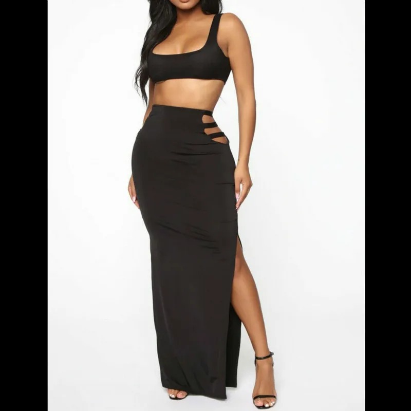 

Fashion Women Plain Hollow High Waist Wrap Midi Slit Skirt Party Club Sexy Hollow Tight Solid Summer Sun Skirt