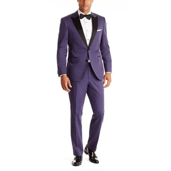 

Purple Men Tuxedos With Black Satin Peaked Lapel Groomsmen Best Man Wedding Suits Casual Party Dress Suit Blazer With Pants