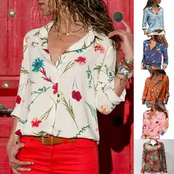 S-3XL осень весна шифон топы с цветочным рисунком печати повседневное рубашка для отдыха для женщин рубашки с длинными рукавами плюс размеры