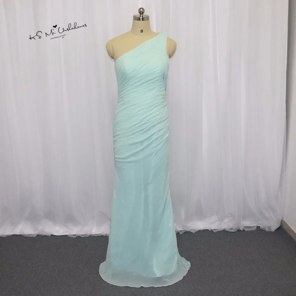 Vestidos De Fiesta Largos Mint Green Bridesmaid Dresses 2015 One Shoulder Chiffon Pleat Long Party Dress