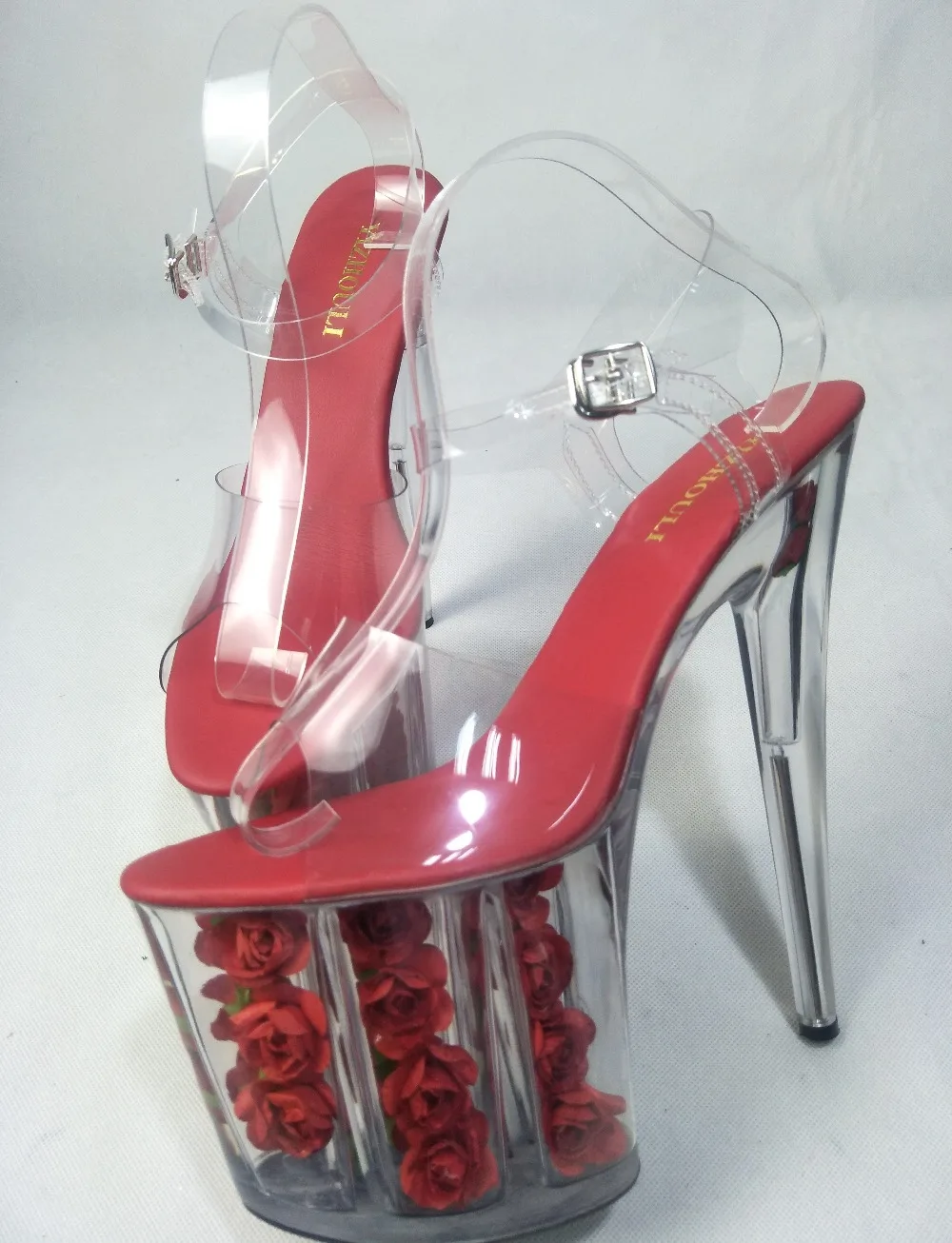 20cm Sexy Soles High Heels Ladies Transparent Rose Decorative Sandal Wedding Crystal Shoes