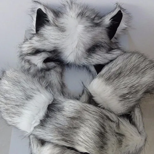 Женская мода Волк уши лапы искусственный мех 3 в 1 шапка шарф варежки зимняя теплая шапка