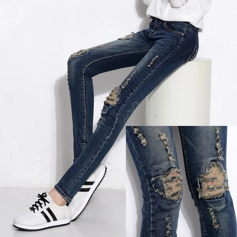 

LARGE Jeans New Fashion Retro Hole Skinny Jeans Female Feet Slim Pencil Pants Woman Stretch Embroidery Trousers High Waist Jeans