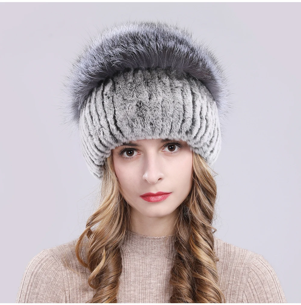 Outdoor Women Warm Soft Genuine Rex Rabbit Fur Hat Knitted Natural Real Sliver Fox Fur Caps Winter Real Rabbit Fur Beanies Hats