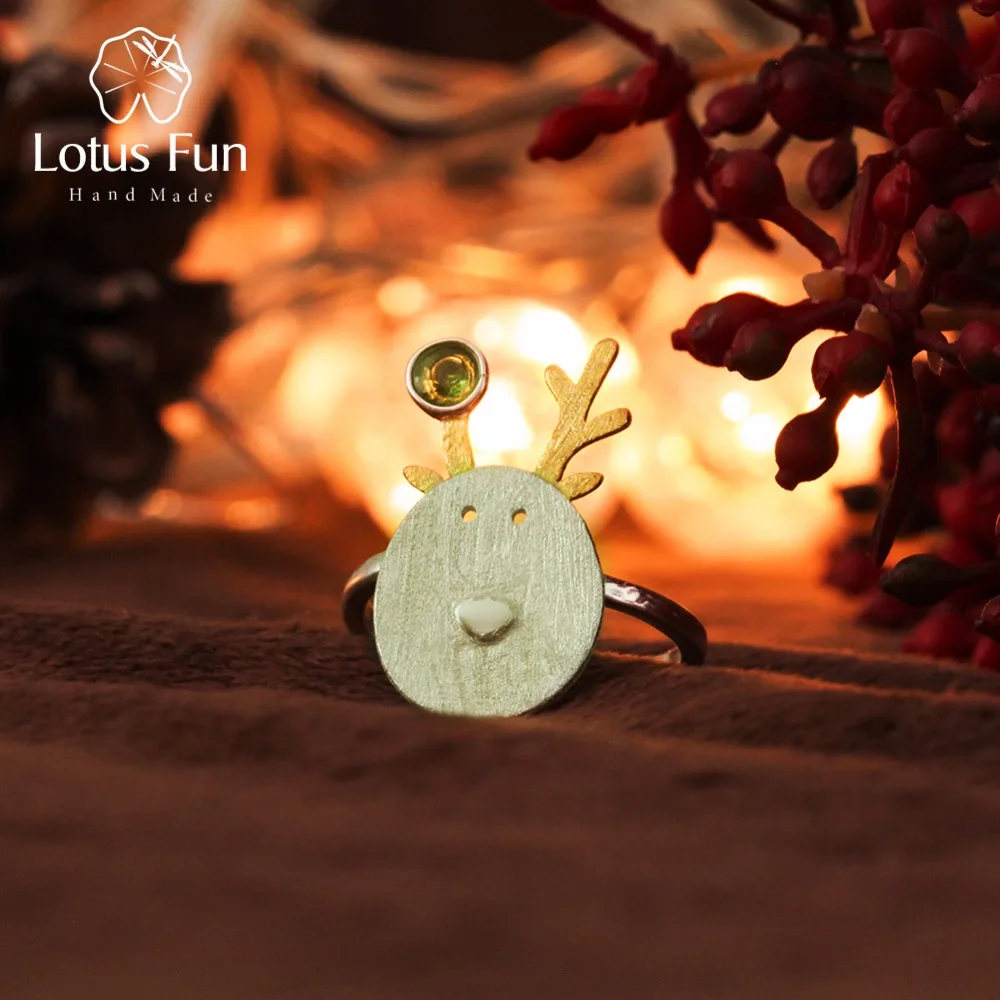 Lotus Fun реальные стерлингового серебра 925 натуральный турмалин ручной работы Ювелирные украшения Рождество радости милый олень Кольца Best