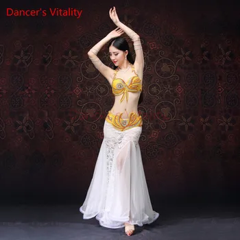 

Stage Performance 2017 Belly Dancing Clothes Oriental Dance Outfits Sexy Lace Belly Dance Beaded Costume Set Bra Belt Skirts