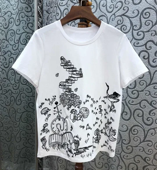 

Women high quality cotton embroidered T-shirts New 2019 summer Fashion beading white Tops Tee A127