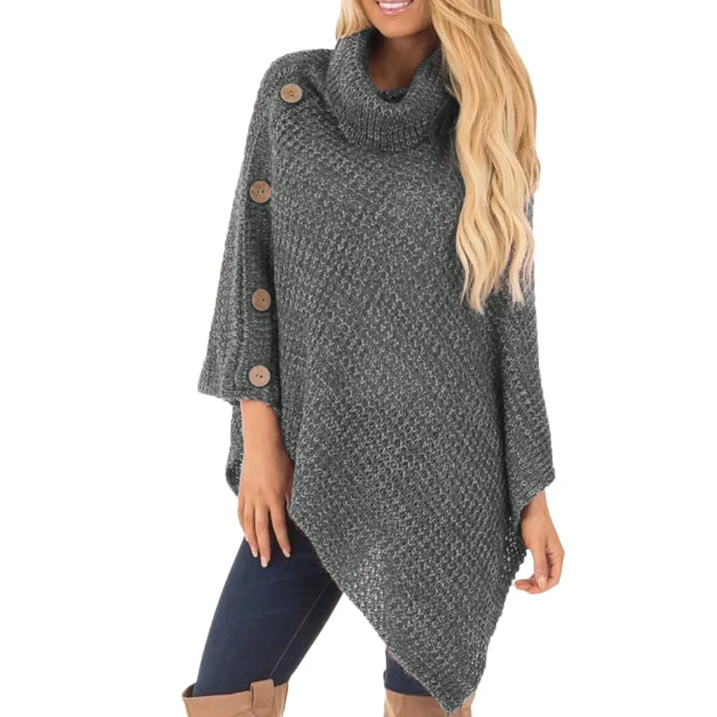 women's sweater Knit Turtle Neck Poncho with Button Irregular Hem Pullover Sweaters Women pull femme ropa mujer invierno