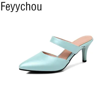 

Women Pumps High Heel Mules Shoes Pu Slip on Pointed Toe 2018 Spring Summer Sexy Fashion Casual Dress Office White Blue Yellow