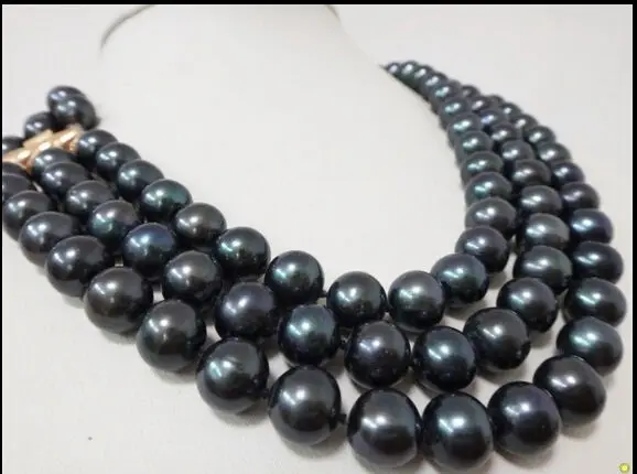 

3 STRAND AAA 10-11MM TAHITIAN BLACK PERFECT PEARL NECKLACE 14K GOLD CLASP 18" (9.13)