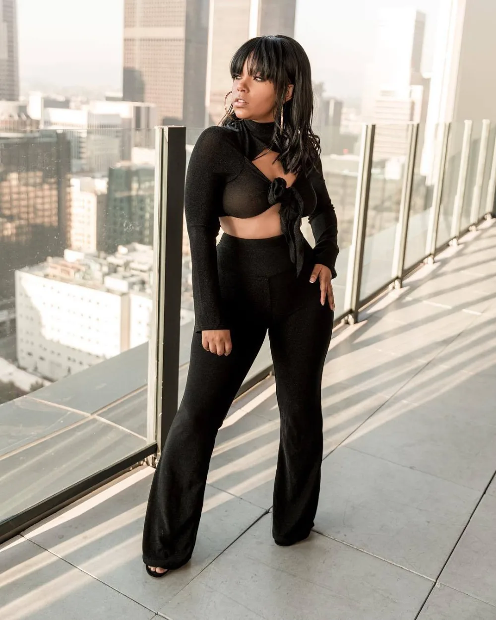 

Women Sexy 2 Piece Set Outfit Top And Pants Flare Sleeve Hollow Out Lace Up Top Sheath Bodycon Party Clubwear Streetwear Black