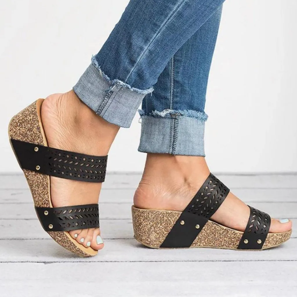 

Slippers flip flops Women Summer Retro Peep Toe Hollow Carved Wedges Shoes outdoor indoor slip on Sandals Platform Beach Shoes