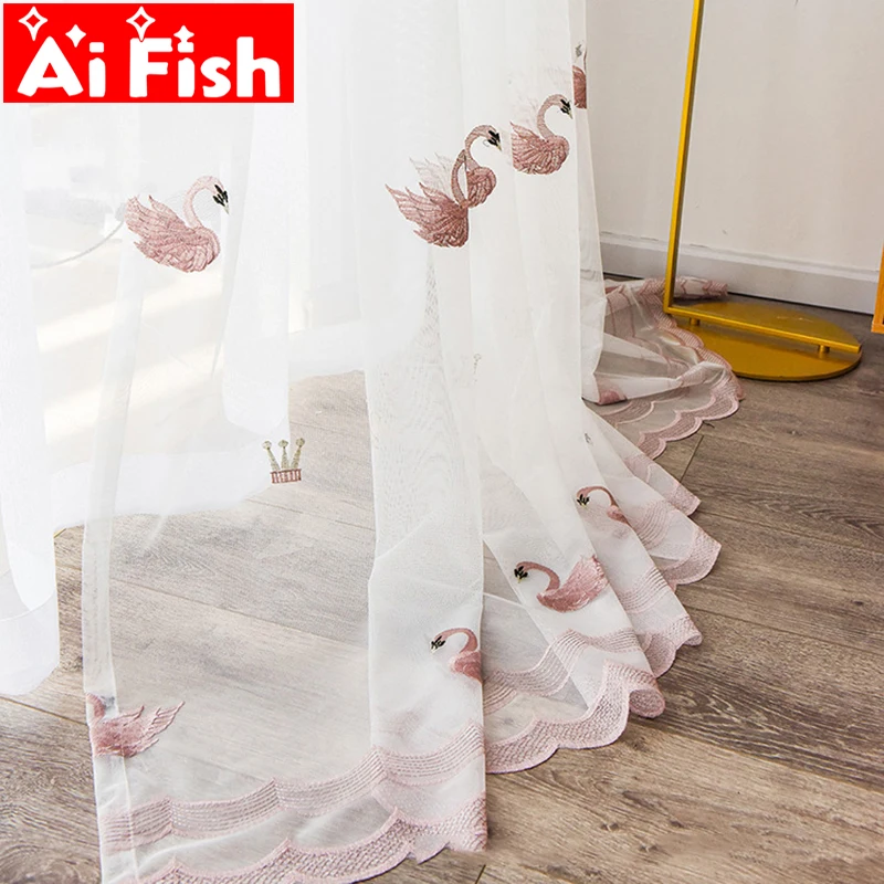 

Pink Cute Swan Gauze Bedroom Tulle Balcony Decorative Drapes White Embroidered Curtains Sheer Screens For Living Room MY146-40