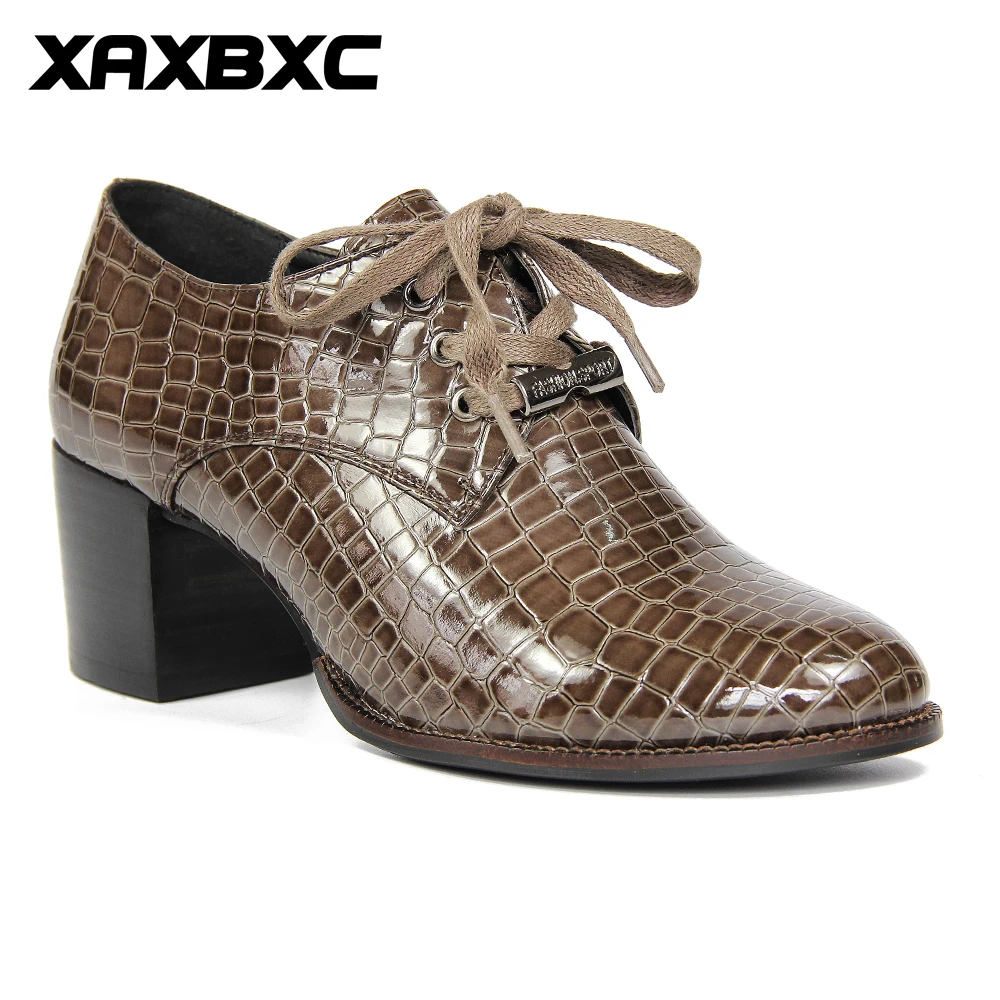 

XAXBXC 2018 New Spring Autumn Brown Leather Thick High Heels Lace-Up Oxfords Women Pumps Handmade Casual Ladies Shoes