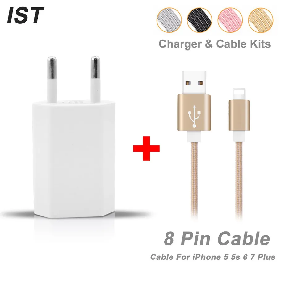 

2019 IST Charger Cable Kits Phone Cable For iPhone 5s 5 6 Plus 7 Plus Cable Portable Travel Charger EU Plug Mobile Phone Charger