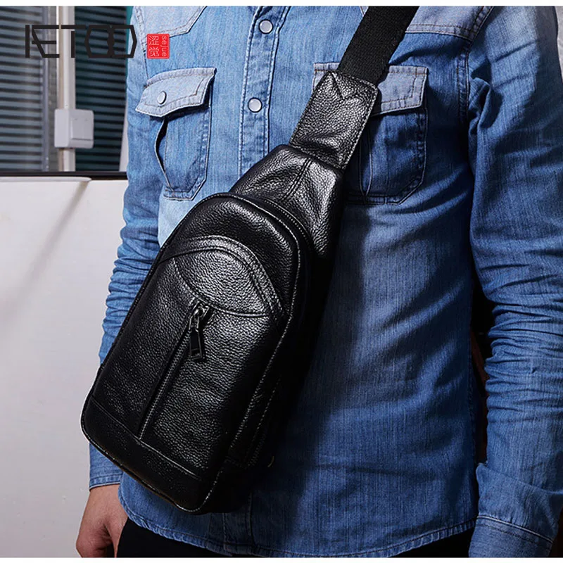 

BJYL New casual leather men's bags Europe and the United States fashion multi-capacity large function men's chest bag leather s